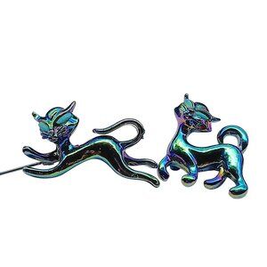 Vintage Iridescent Cat Brooch Pin Set - Playful Design - Multicolor Metal MCM